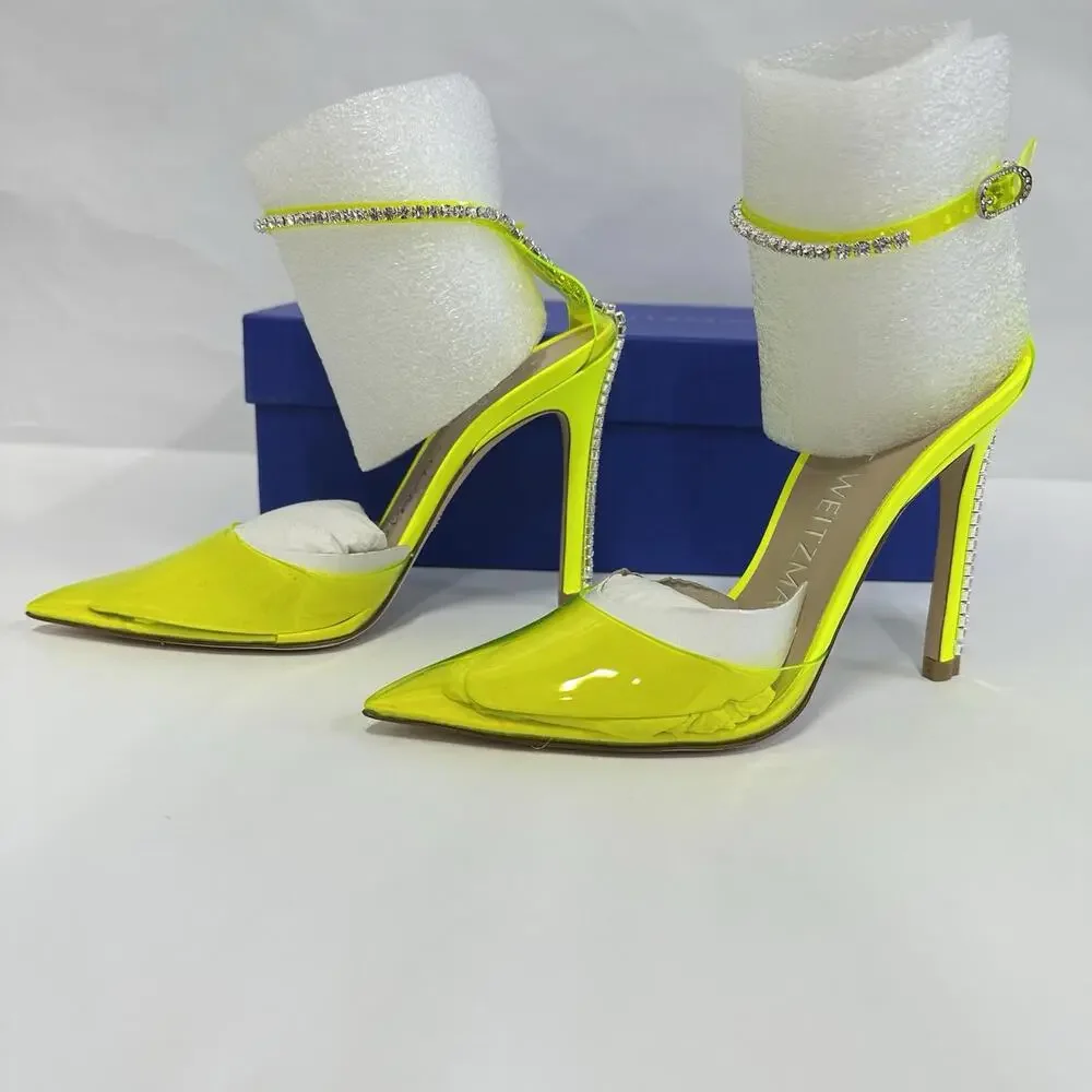 Stuart Weitzman 100‎ Strap Pump Neon Yellow Heels Bold Bright Stiletto Shoe